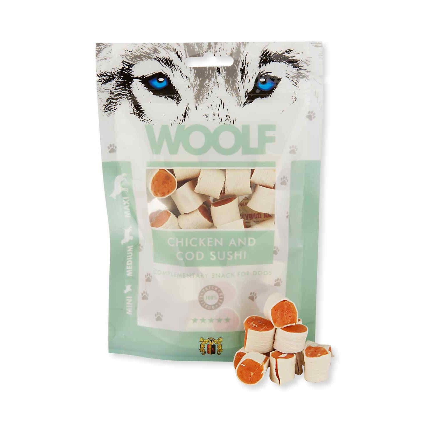 Perro Aperitivos Woolf 100 g – Gallina y Bacalao Sushi