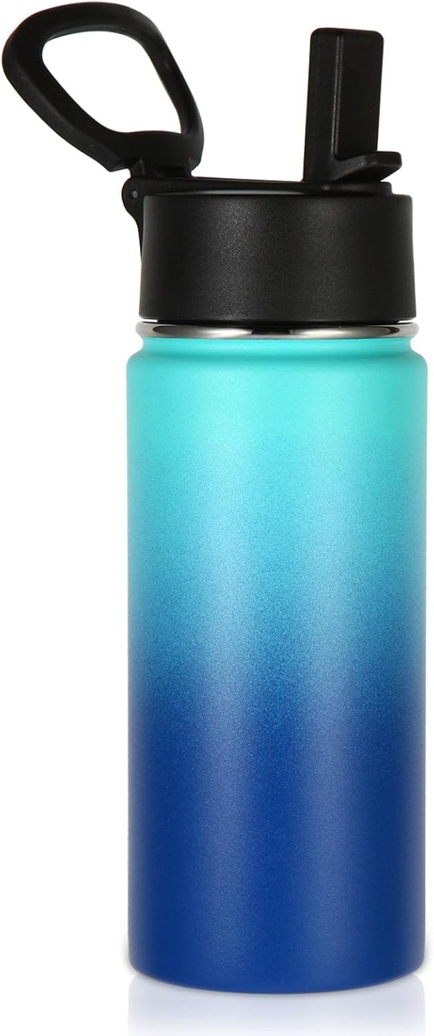Volhoply Kids Insulated Water Bottle with Straw,16oz Stainless Steel Cold Water Bottles for School,BPA-Free Metal Wide Mouth Cups with Handle,Reusable Double Wall Vacuum Sport Flask(Green Blue,1)
