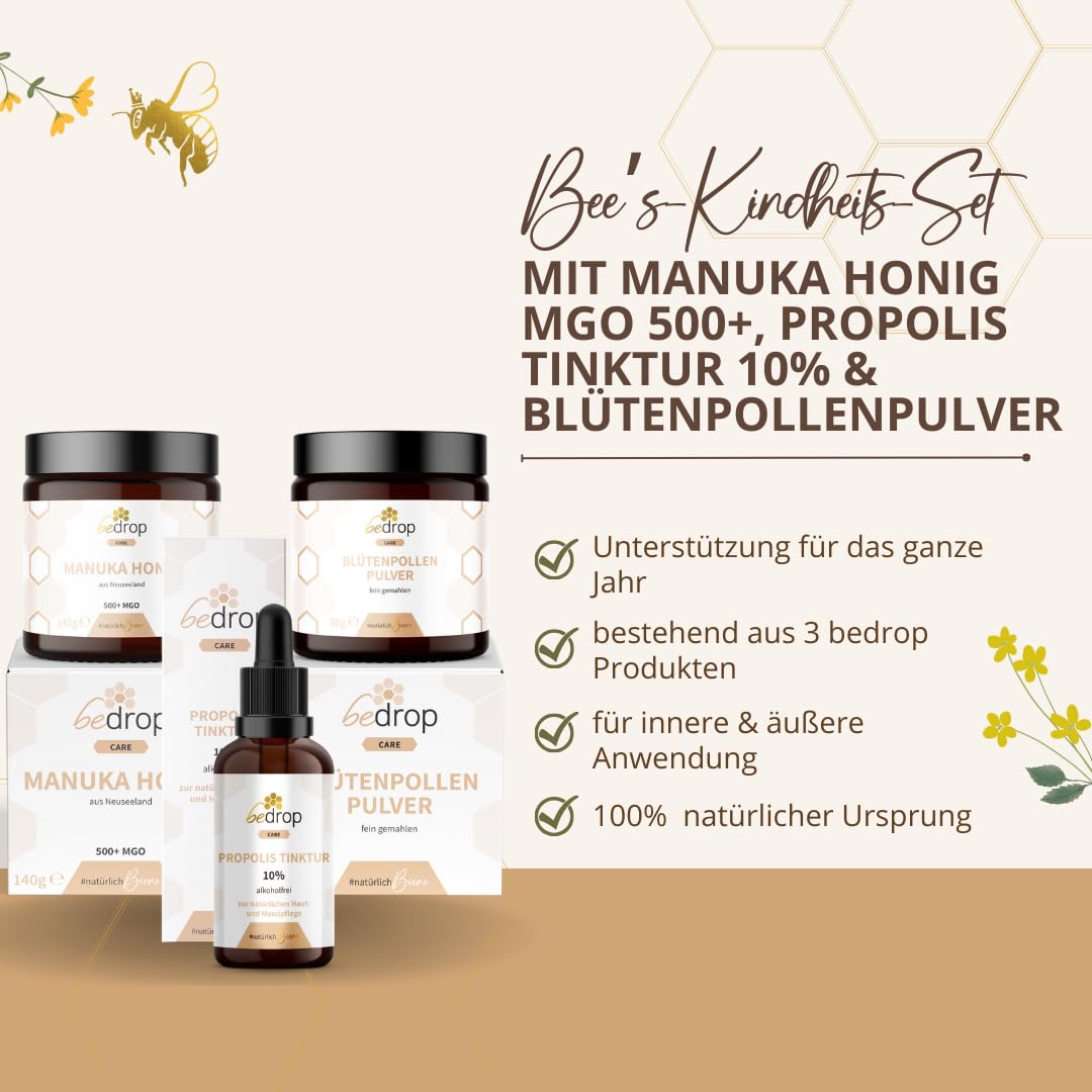 bedrop | Bee’s Kindheitsset | Blütenpollenpulver, Propolis Tinktur alkoholfrei 10% und Manuka Honig MGO 500