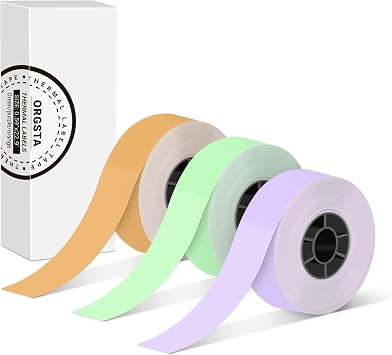 ORGSTA Label Maker Tape, Continuous Laminated Thermal Label Tape Refill | 0.59" x 22.97 Self-Adhesive Labeling Tape, Purple/Green/Orange, 3 Rolls, for ORGSTA S001 Label Maker, Waterproof, Oil-proof