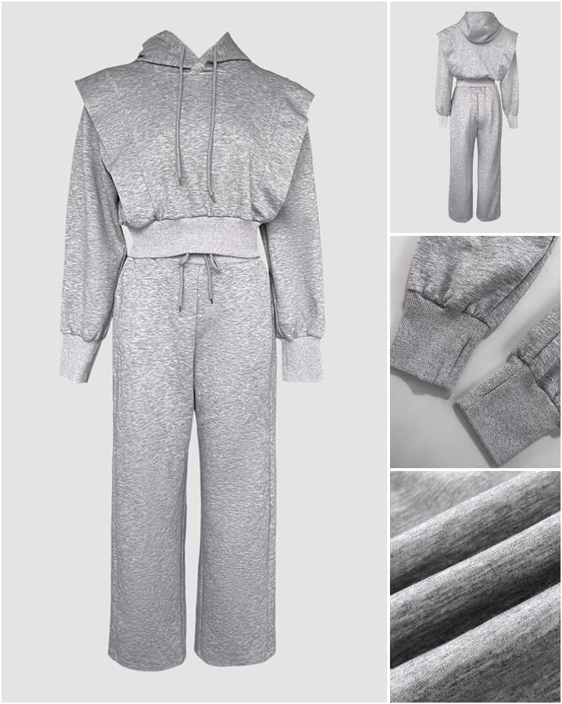 CHICME Womens 2 Piece Outfits Cropped Long Sleeve Hoodie and Wide Leg Sweatpants Set Fall Fashion Sweatsuit Tracksuit - Image 7