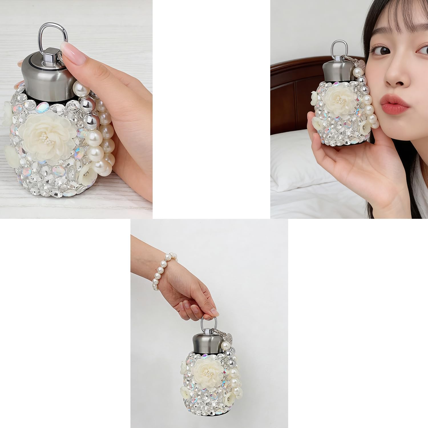 Bling Insulated Water Bottle Double Wall 10oz Stainless Steel Vacuum Flask with Glitter Rhinestones and Cute Flowers, Keep Cold Water Bottle with Pearls Bracelet Handle,White