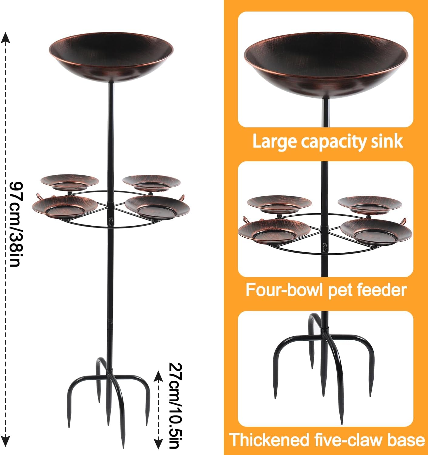 2.8" Deep 41" Tall Metal Bird Bath Bow with 4 Set Bird Feeder for Outdoors,12" Dia 2-in-1 Bird Bath & Feeder Water Bowl,Vintage Standing Birdbaths with Stable Stake for Garden Yard Lawn Decor
