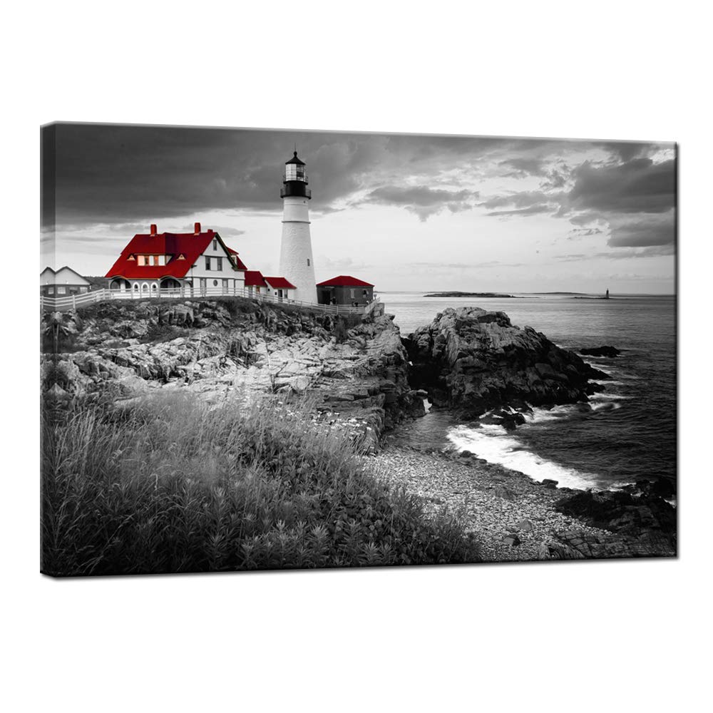 Nachic Wall Black and White Red Wall Art Portland Lighthouse Landscape Picture Canvas Painting Ocean Beach Artwork for Home Living Room Wall Decoration Stretched Ready to Hang 24x36