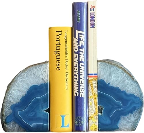GM GemMartUSA Teal Agate Bookends for Heavy Books. Crystal Stone Bookend. 1 Pair, A Grade, Pre-Matched Polished Geodes Home, Office, Table or Shelf Décor, Rock and Crystal Bookends (BKTL-11002)