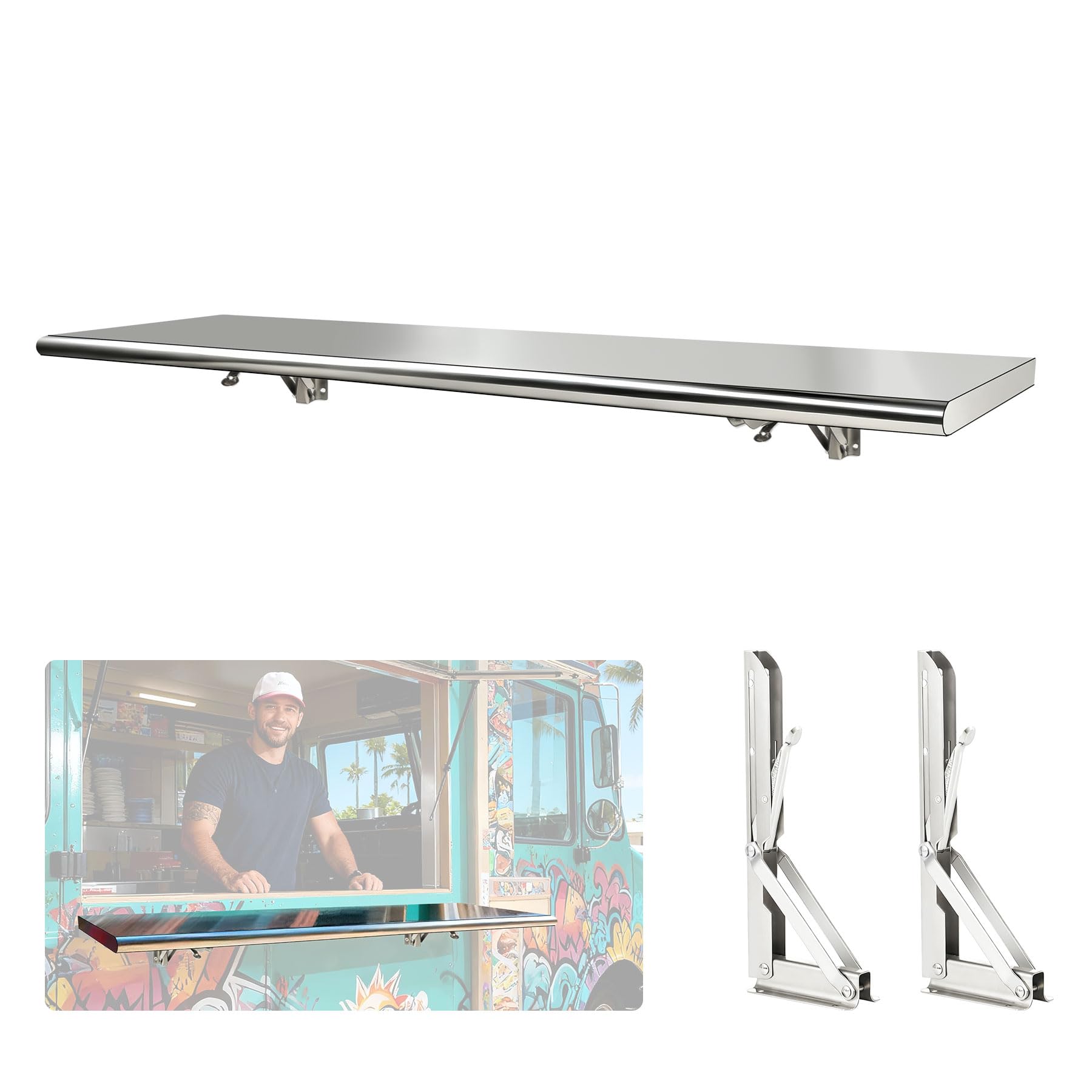 Sidasu 127 cm L x 30,5 cm B Edelstahl-Konzessionsregal, zusammenklappbares Regal, Lebensmittelregal, Ständer für Konzessions-Servierfenster, Restaurant und Bar