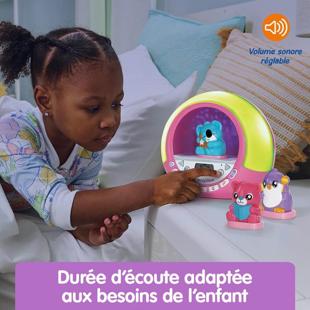 VTech - Story'Clock Rose Ma Conteuse-Réveil - Veilleuse Réveil Éducatif Jour/Nuit - Coach Sommeil Enfant - Boîte à Histoires, 3 Figurines et Projections - Cadeau Enfant Dès 3 Ans - Contenu en Français