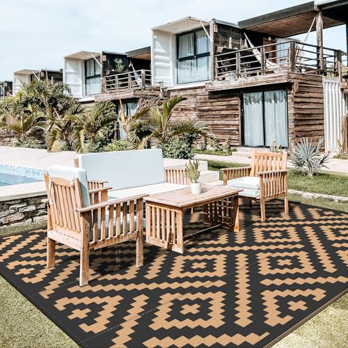 Image of GENIMO Outdoor Rug, Waterproof Plastic Rugs for Patio, 10'x10' Black Brown | Outside Larger Modern Carpet Mat for Porch Decor, Deck, Camping, RV, Backyard, Balcony, Picnic, Beach, Reversible, Foldable