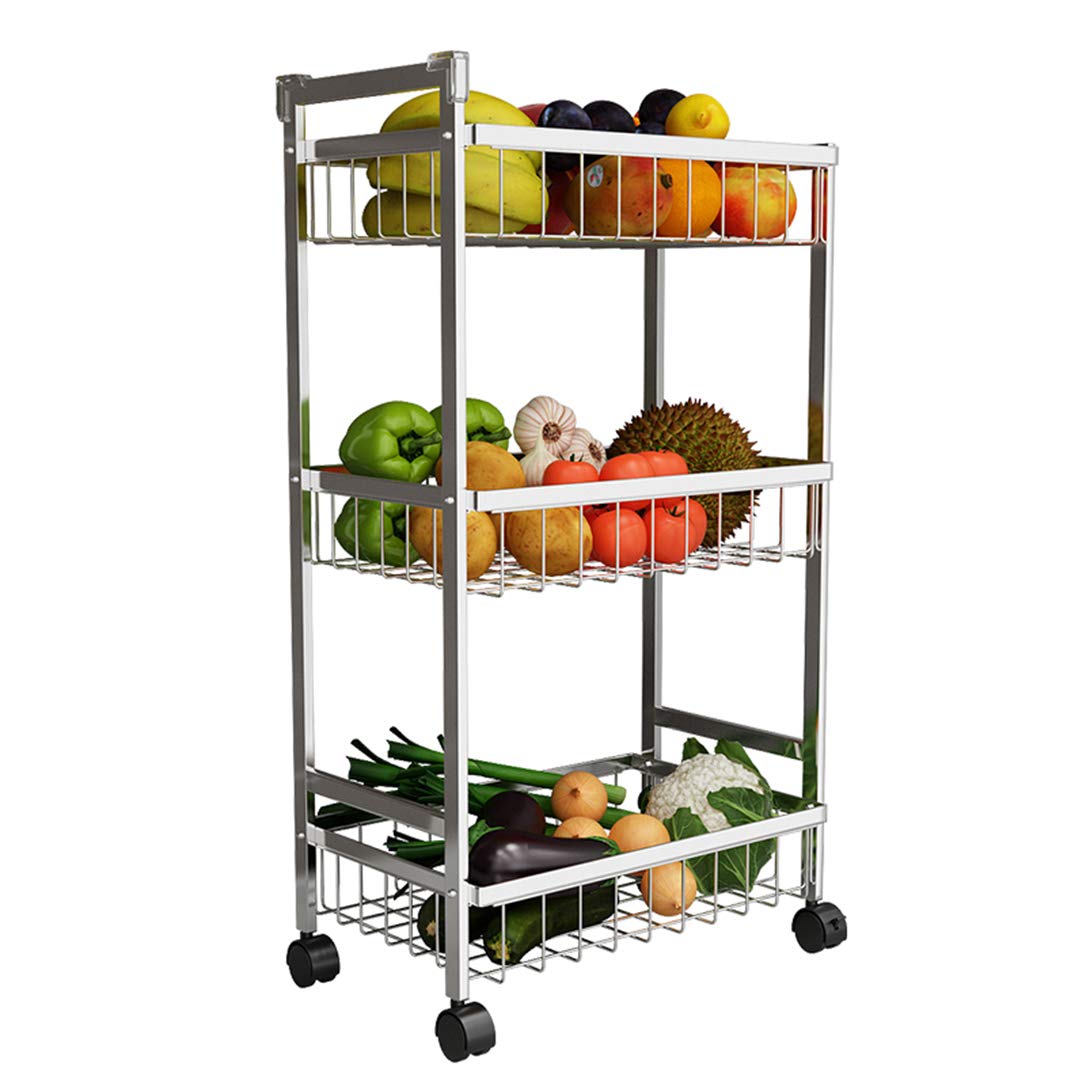 ZYFA Carrello Cucina a 3 Piani Servizio,con Rotelle Bloccabili, Scaffale Portaoggetti Mobile in Acciaio,Carrello Portaoggetti Multiuso, Carrello Salvaspazio, Scaffale Rete Metallica Contenitori