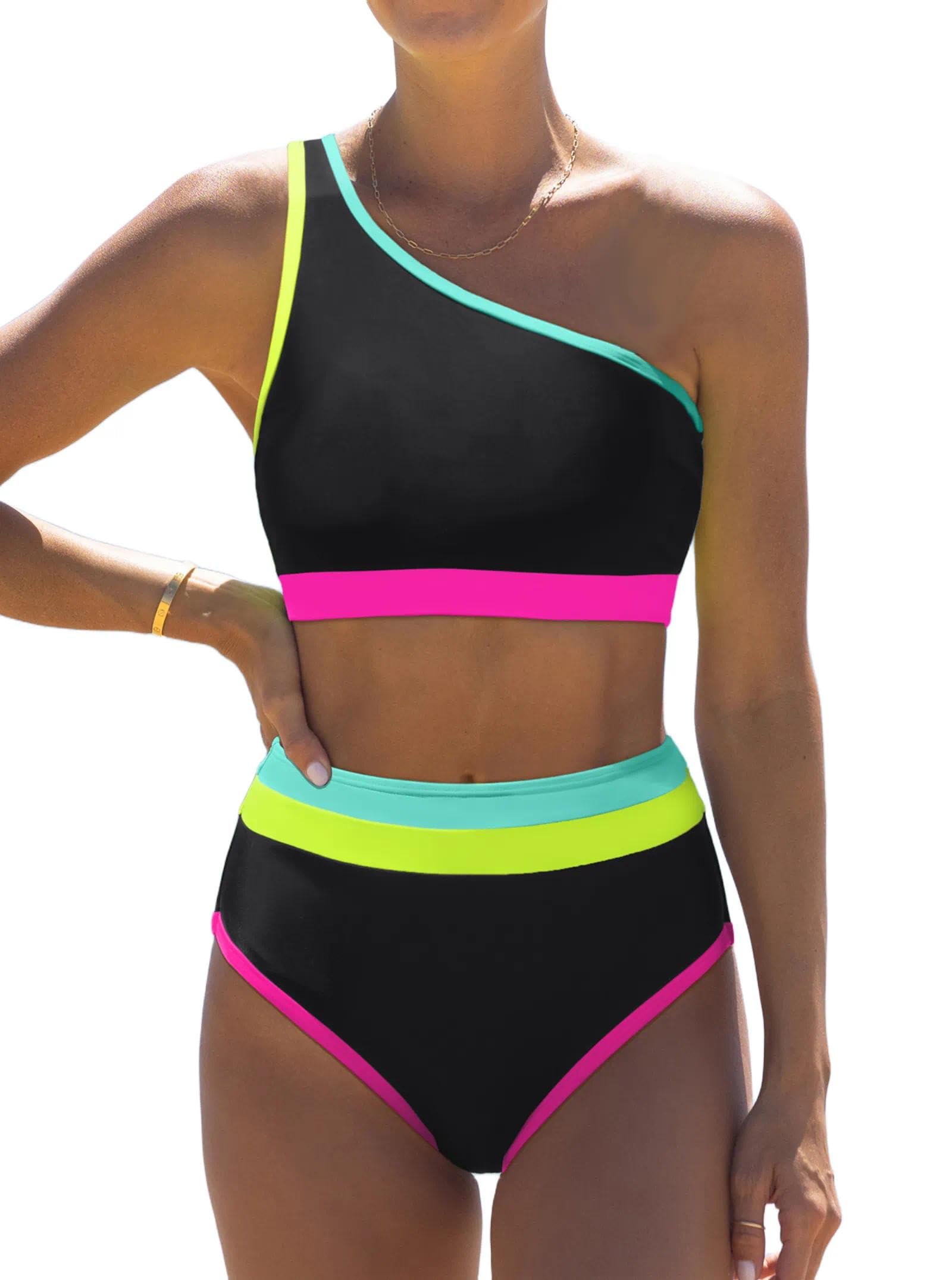 popvil Womens One Shoulder Swimsuit Neon 2 Piece High Waisted Bikini Sets Cute 2026 Color Block Bathing Suit