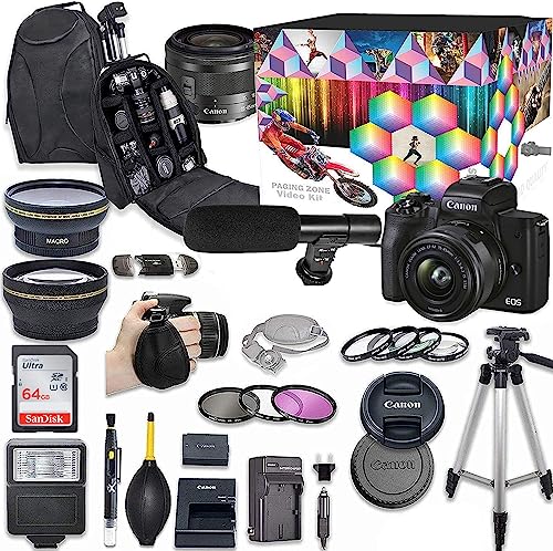 Canon EOS M50 Mark II Mirrorless Digital Camera with 15-45mm Lens Kit (Black) + Wide Angle Lens + 2X Telephoto Lens + Flash + SanDisk 64GB SD Memory Card + Video Accessory Bundle