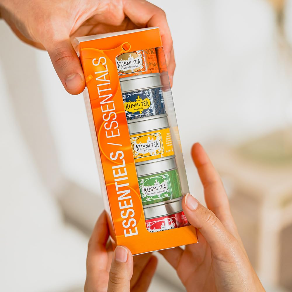 Kusmi Tea - Confezione Regalo di Tè Essenziali - Cofanetto Regalo - Selezione di Tè e Infusi Biologici - Tè verde, nero, Tisane Fredde - Foglie Sfuse - 5 Scatole in Metallo da 25 g