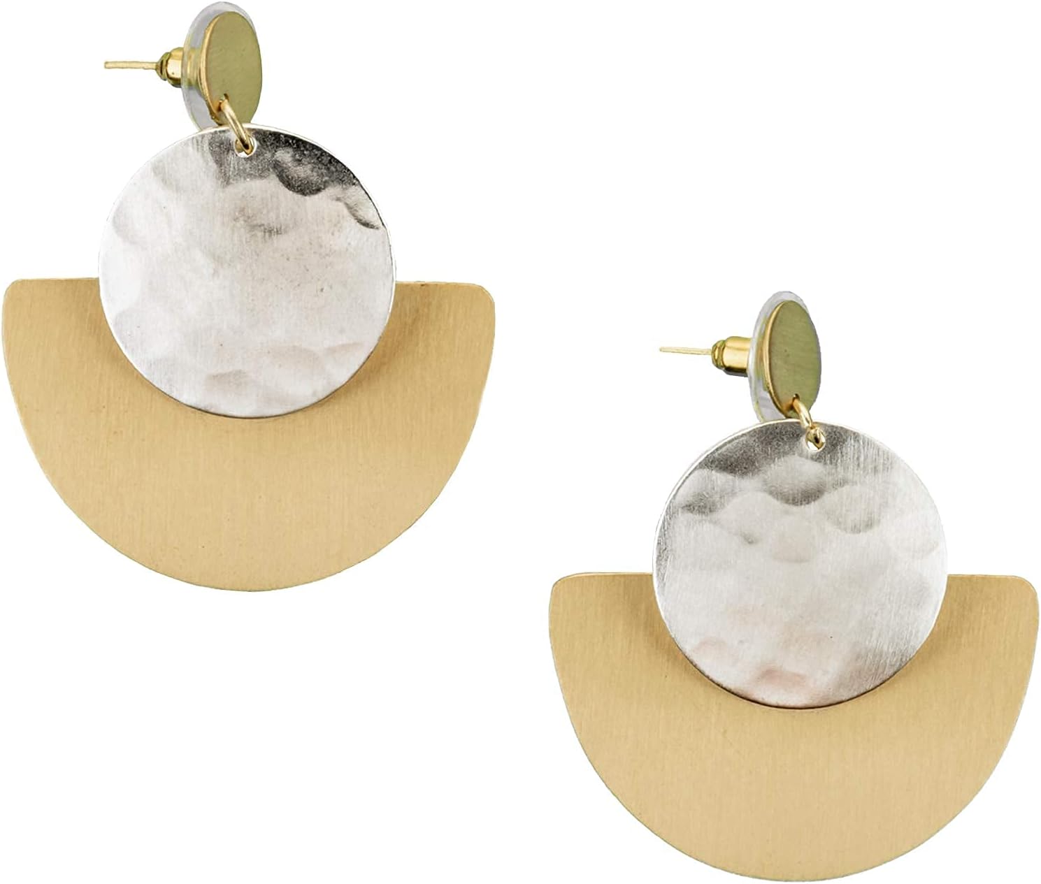 Matr Boomie, Handmade Art Deco Inspired, Gold + Silver Color Mixed Metals, Hammered Disc Geometric Earrings for Women, Bridal, Party Jewelry, Gift for Her, for Mom