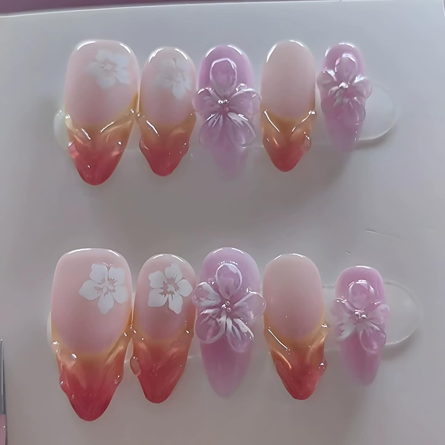 Almond Press on Nails Medium Fake Nails French Tip False Nails Fall with 3D Flower Designs Cute Glossy Artificial Nails for Women 24pcs