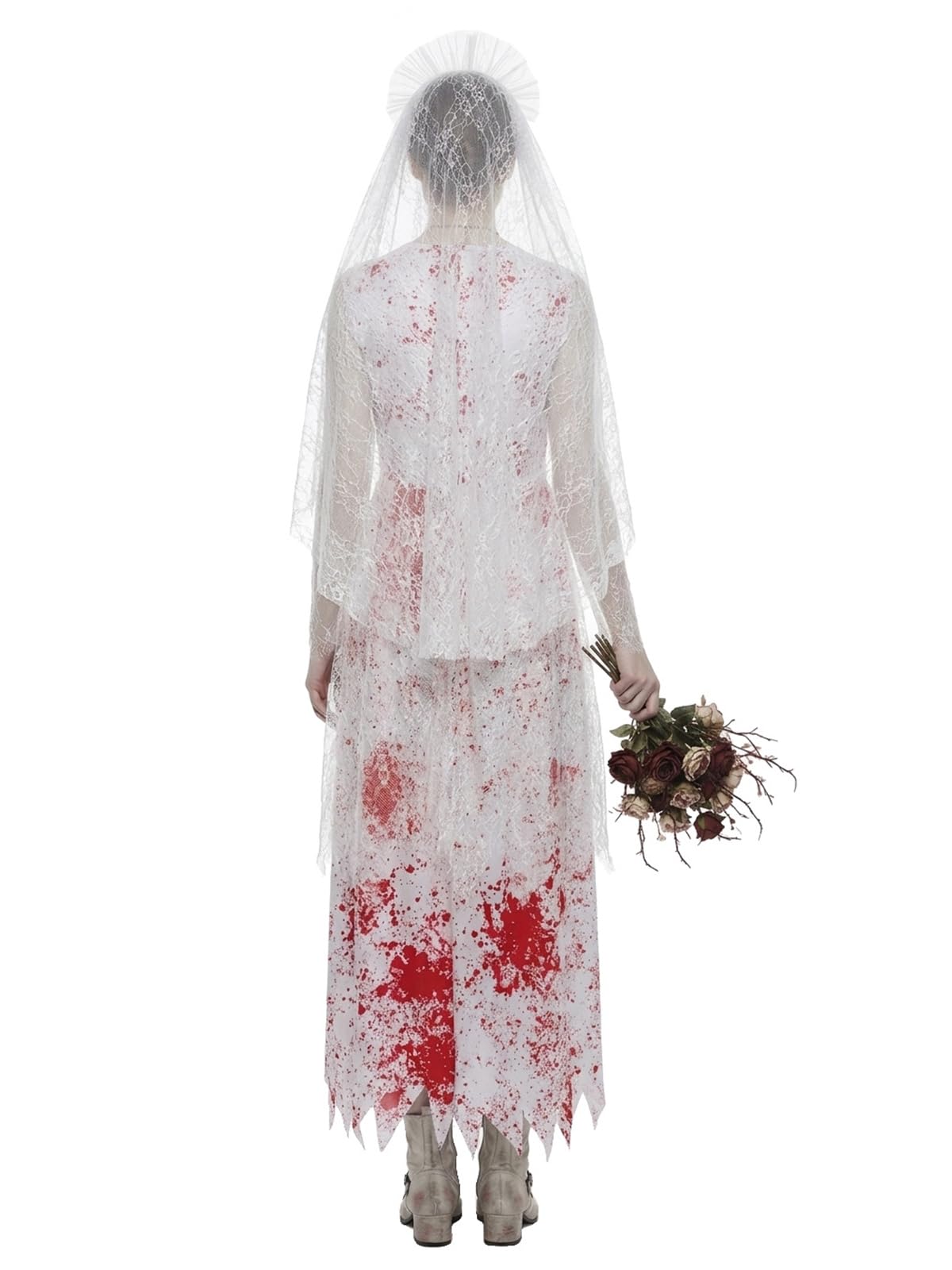 Costume da Sposa Fantasma Donna con Macchie di Sangue, Abito da Cosplay e Set di Accessori per Capelli per Festa di Halloween, Costume di Carnevale