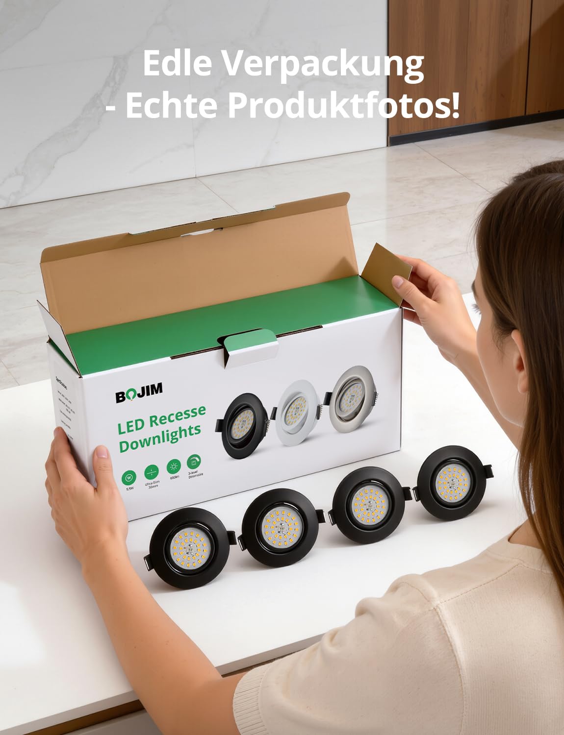 BOJIM Einbaustrahler LED 230V Schwarz Dimmbar 5.5W 650lm 68-80mm 10er Set