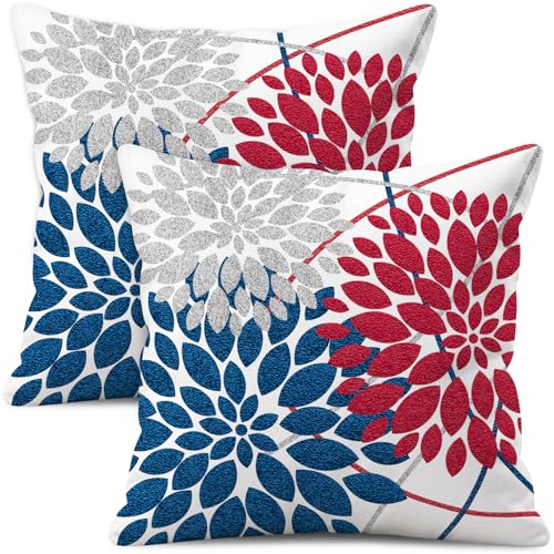 WitHero Decorative Throw Pillow Covers Set of 2 Red Blue Silver Grey Dahlia by WitHero - Used condition - US$17.78