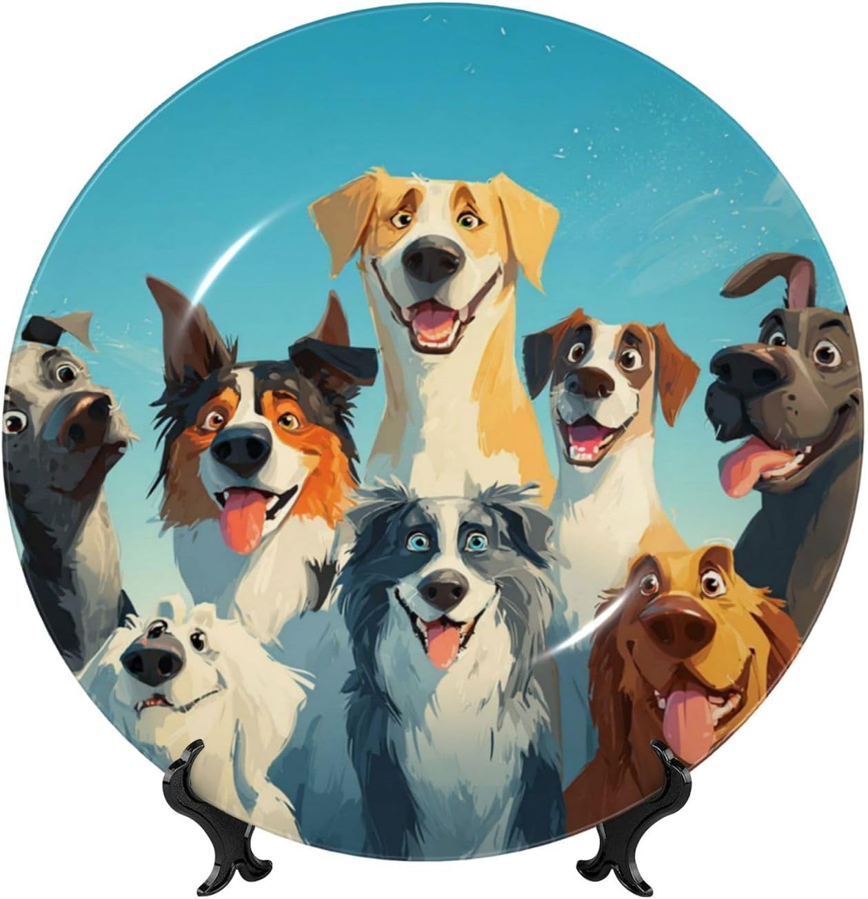 Decorative Plate 10in Bone China Dessert Plates with Display Stand Ceramic Ornament Ceramic A large group of dogs Decorative Plates Art Crafts Porcelain Plate for Home Club Living Room