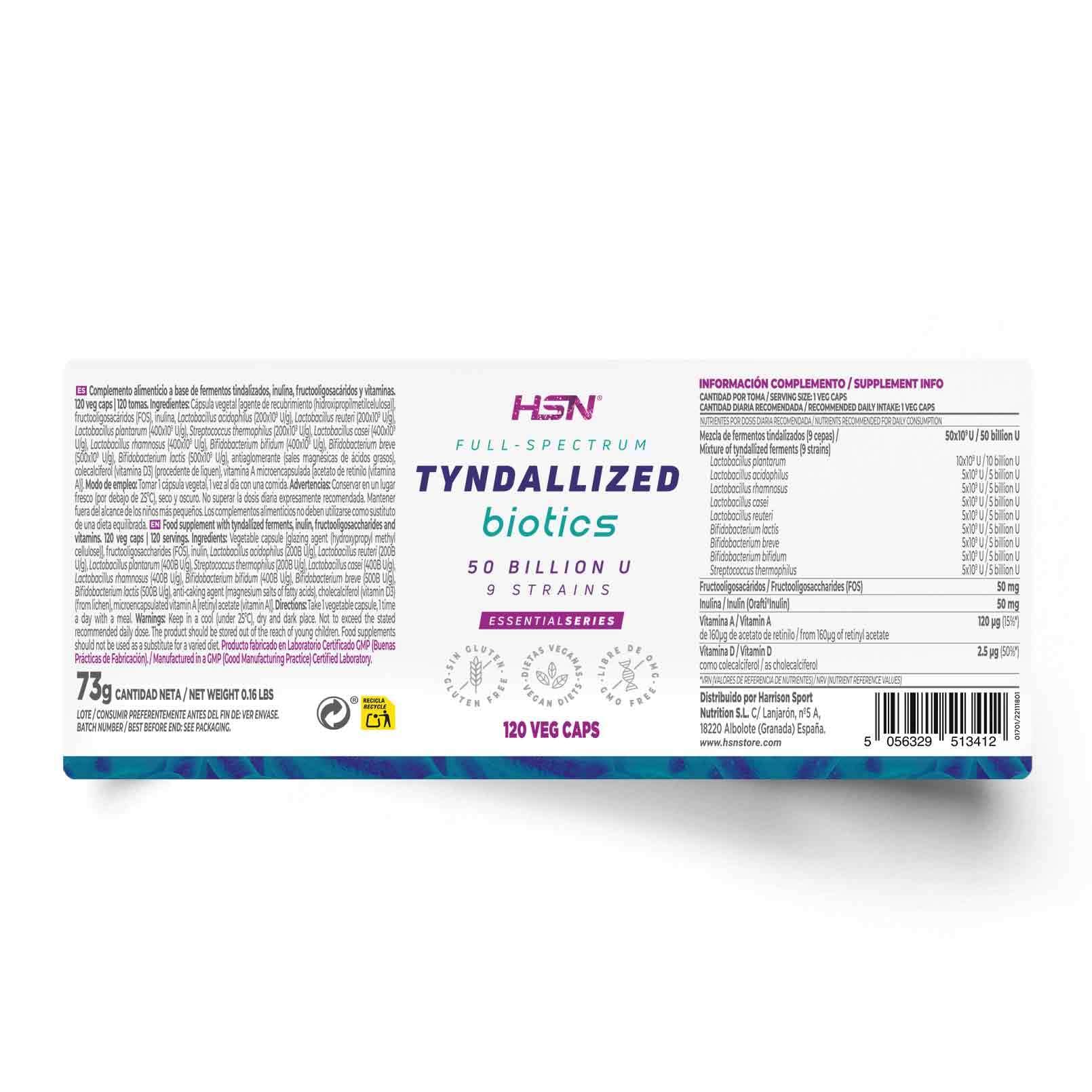 HSN Biotics Fermentos Tindalizados 50B Psicobiótico | 120 Cápsulas Veganas | 9 Cepas (Lactobacillus, Bifidobacterium, Streptococcus) | Prebióticos Inulina y FOS | Vitaminas A y D | Microbiota