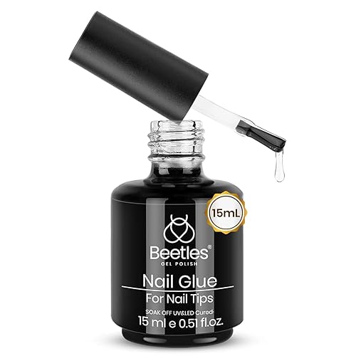 Beetles Gel Polish 9 in 1 Nail Glue with New Formula, 0.5 Fl Oz Super Strong Brush in Nail Gel Glue for False Nails Tips, Rhinestone, Base Gel,