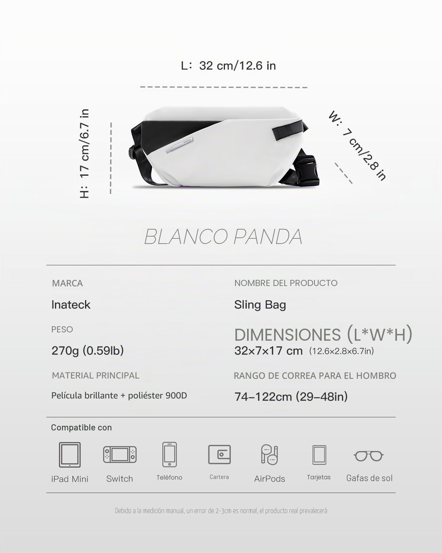 Inateck Bandoleras Hombre Ligero con Correa de Ajuste Rápido,Bolso Hombre Cruzada Resistente al Agua,Bolso Bandolera Mujer,Bolsa de Pecho Multifuncional para Viajes,Ciclismo,Trabajo,Deportes
