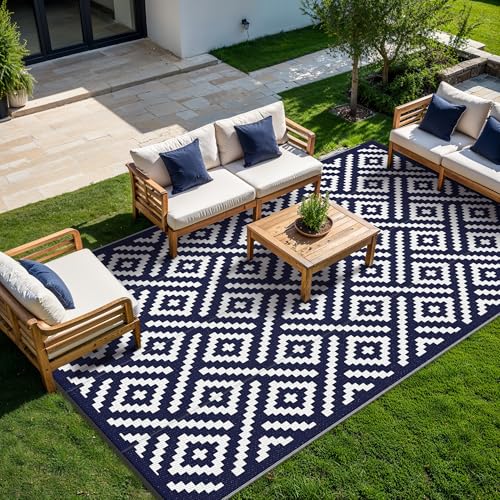 Image of GENIMO Outdoor Rug, Waterproof Plastic Rugs 10'x14' for Camping Blue White | Outside Larger Modern Carpet Mat for Patio Decor, RV, Porch, Camper, Deck, Picnic, Beach, Backyard, Reversible, Foldable