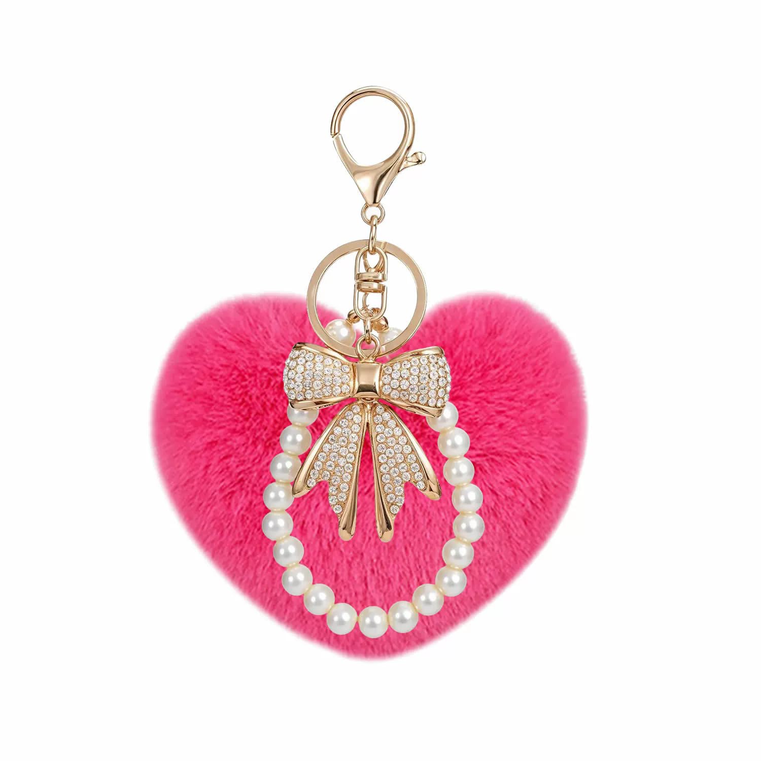 Heart Fur Pom Pom Keychain for Women, Bling Rhinestone Bow Keyring, Cute Plush Purse Bag Car Key Accessories Gift
