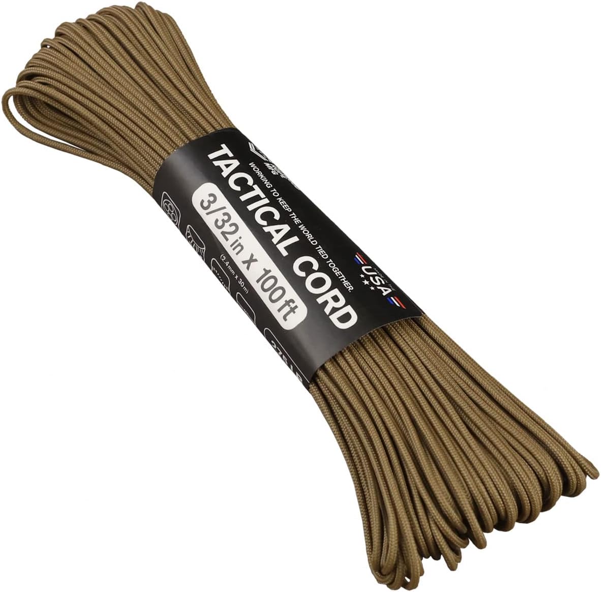 Atwood Rope MFG 275 Tactical Paracord 100ft 4 Strand Core Nylon Parachute Cord Outdoor Survival Gear Made in USA Lanyard Bracelet Handle Wrap Keychain (Coyote)