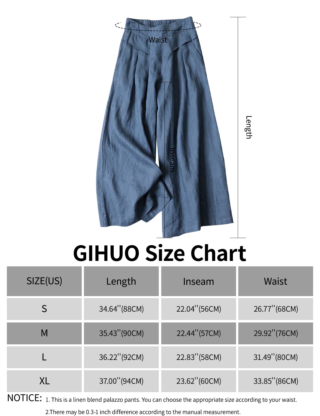 Gihuo Pantalones Culottes de Mezcla de Lino para Mujer, Pantalones de Pierna Ancha, Cintura elástica, Pantalones Palazzo Casuales con Bolsillos, Capris