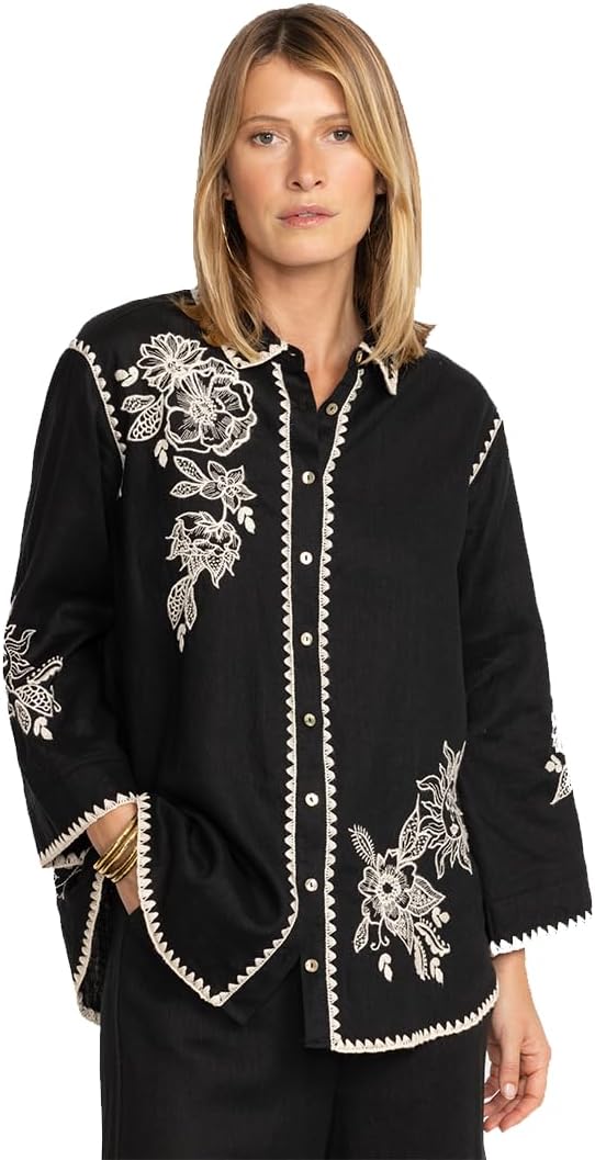 Johnny Was Addison Kimono Sleeve Shirt White Floral Embroidery Top Black New - Image 2