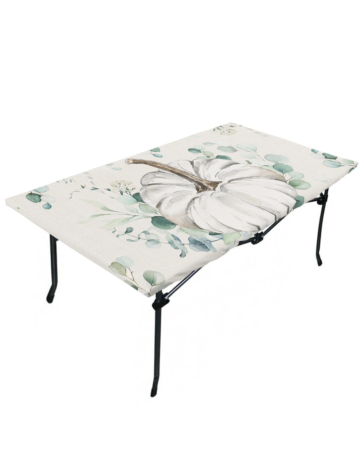 Fall Thanksgiving Fitted Table Covers for 4 Foot Tables, Grey Pumpkin Eucalyptus Leaves Rustic Burlap Elastic Table Cover Rectangle 24