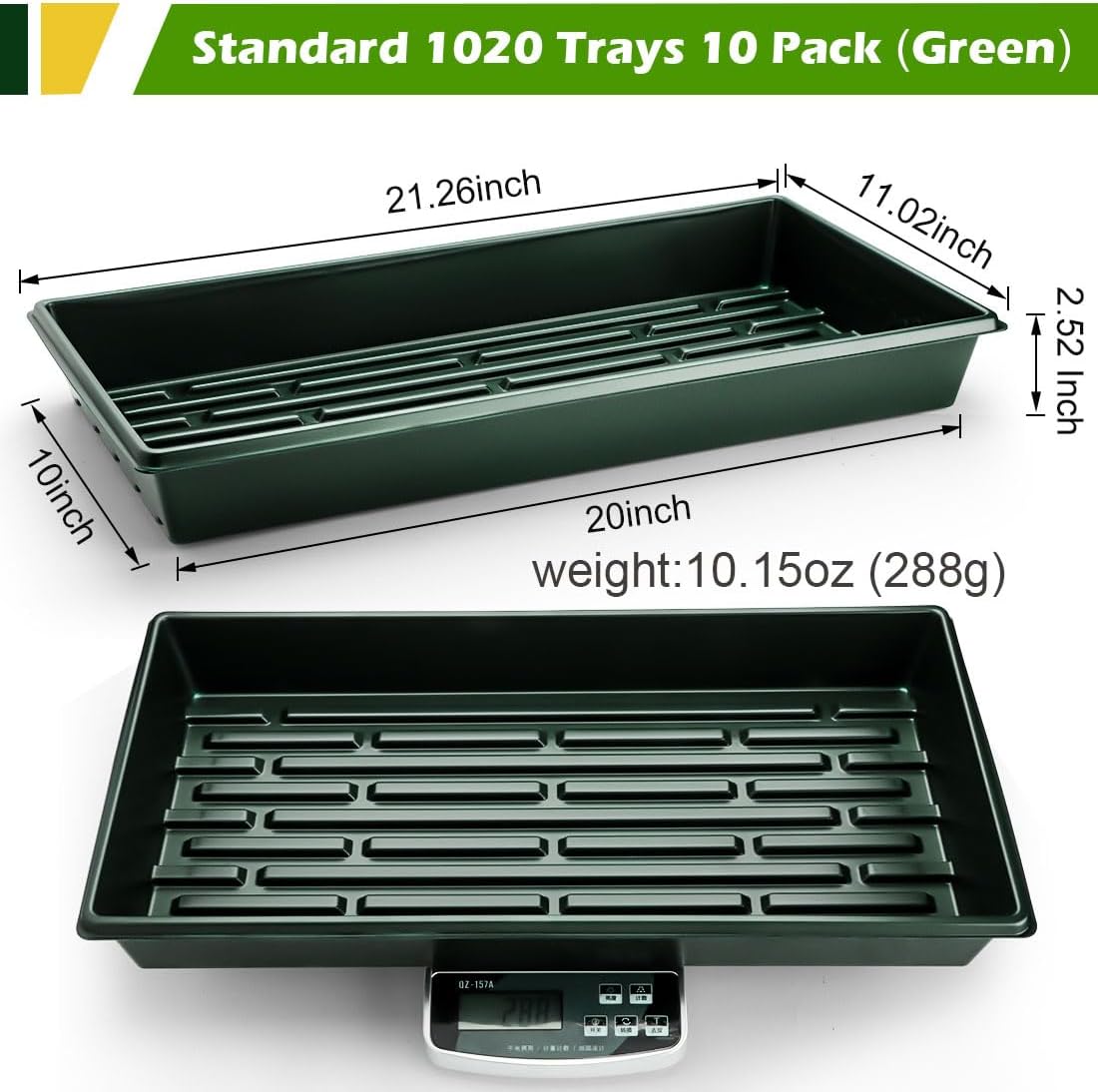 RooTrimmer 10 Pack 1020 Trays No Holes-Reusable Nursery Flats for 50/72 Cell Plug Tray, Heavy Duty Seed Starter Trays for Transplant, Seed Starting, Plant Propagation & Seed Germination (Dark Green)