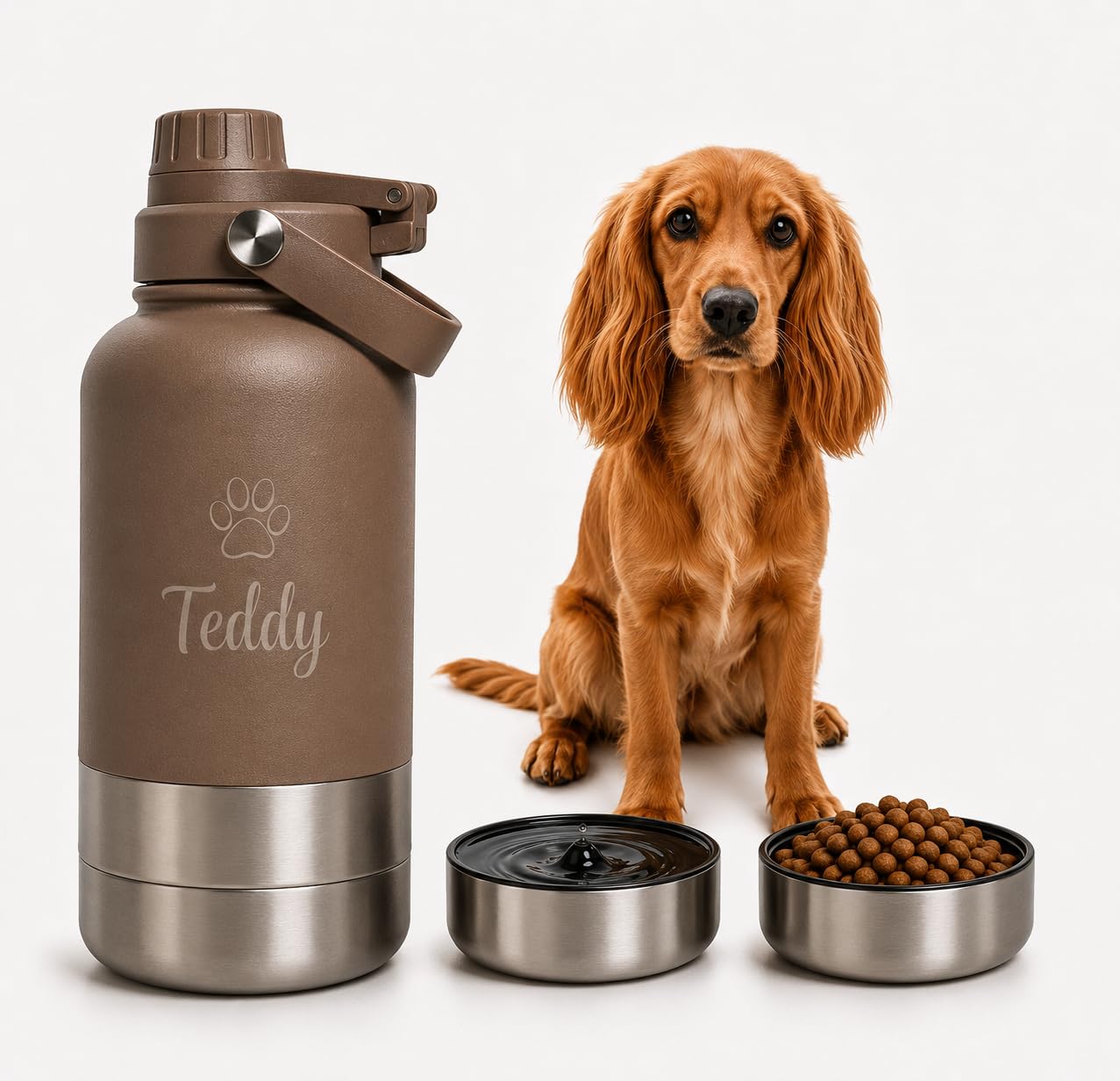 Personalised Dog Water Bottle 3 in 1, Stainless Steel Insulated Dog Water Bottle with Detachable Food Bowl and Water Bowl, For Hydration & Snacks On The Go - Chocolate