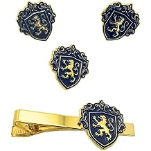 Mens Cufflinks, Tie Bar, and Tie Pin Set Royal Blue on Gold with Raised Lion Crest, Gift-Boxed for Business and Formal Occasions