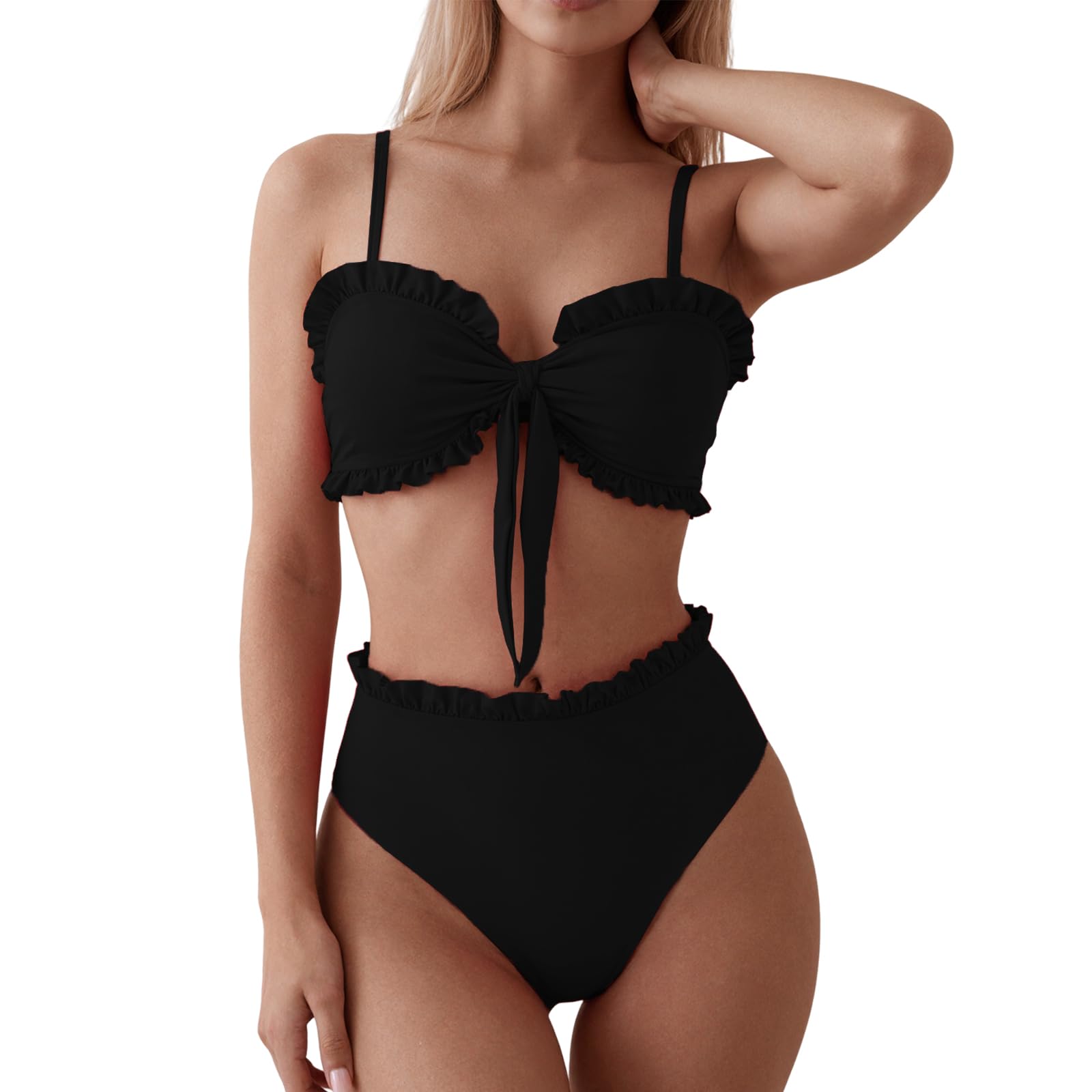 OUSIMEN Badpak voor dames, tweedelig, bikini met ruches, hoge taille, push- up, Zwart, XL