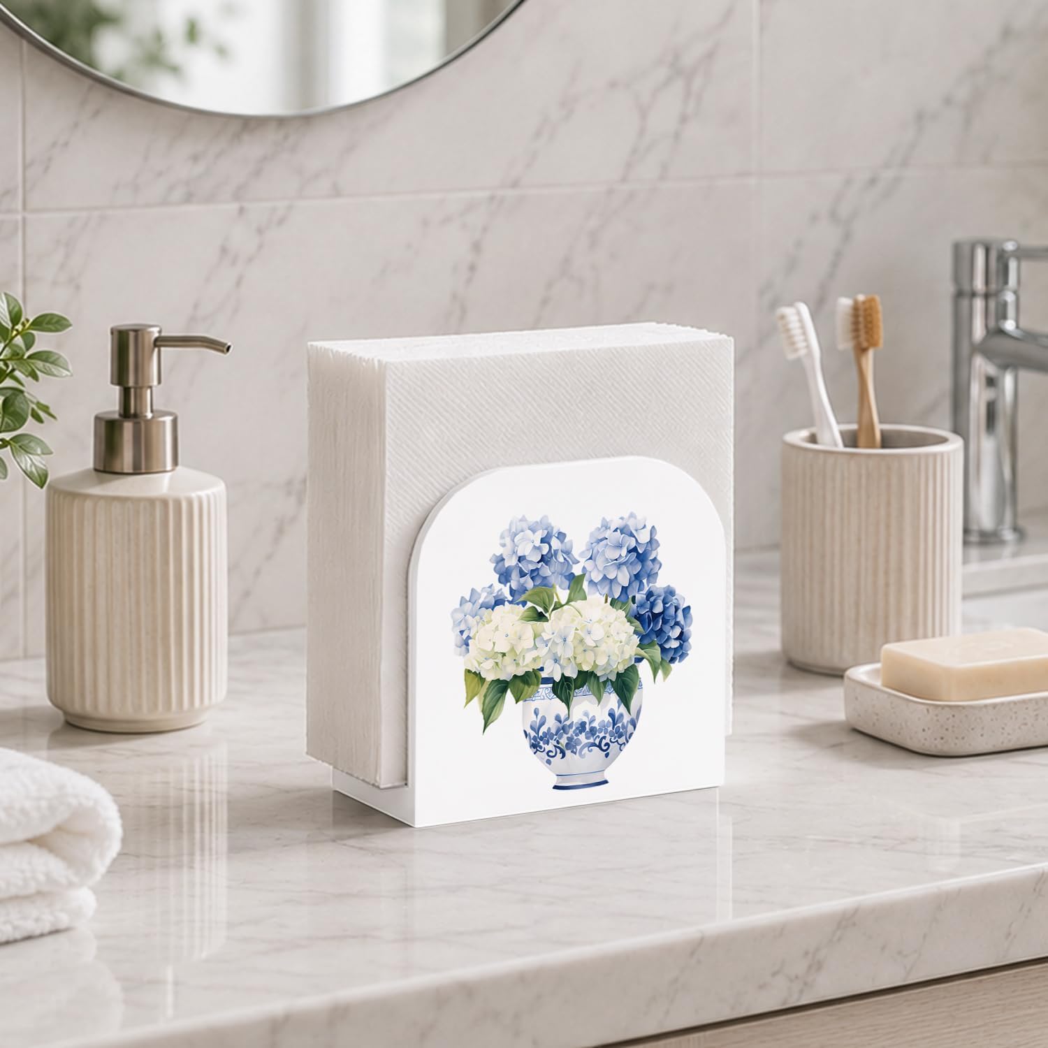 Chinoiserie Hydrangea Floral Napkin Holder for Table, Blue and White Porcelain Flower Wooden Standing Napkin Dispenser Holder for Kitchen Dining Room Party Cocktail Bar Decor