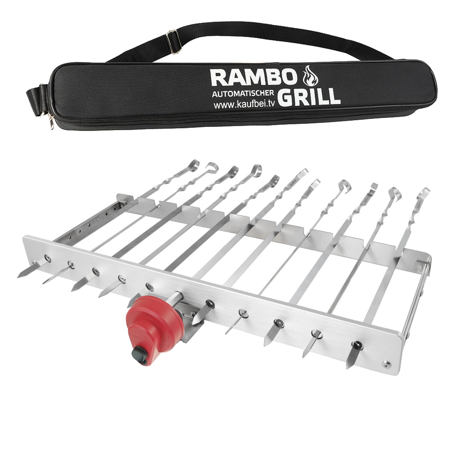 RAMBO Grillaufsatz mit Motor inkl. 12 Spieße + Powerbank, Drehspieße aus Edelstahl, Schaschlikgrill, Mangal