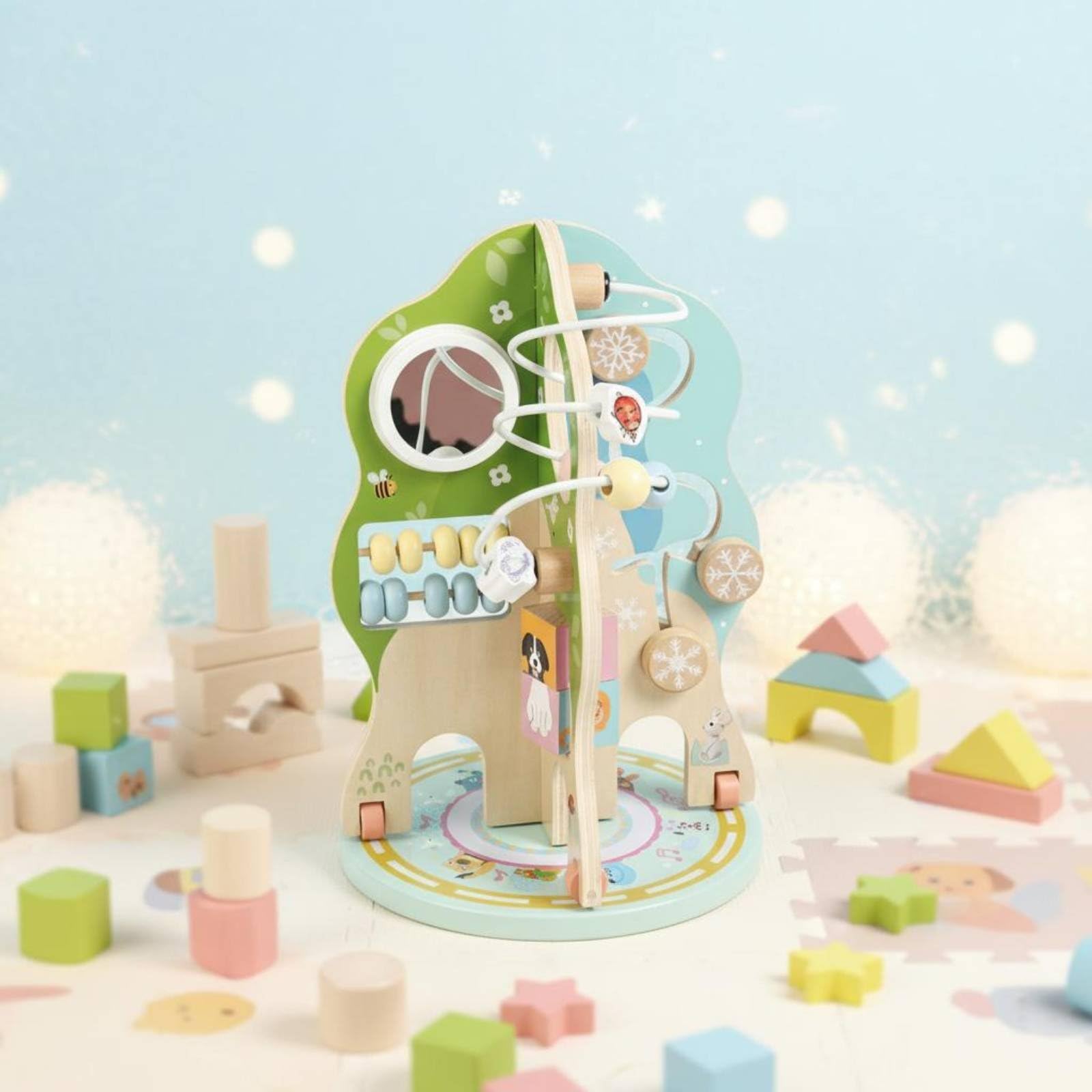 Giocattolo Educativo per Bambini Albero attività Rotante Busy Board Cubo Motricità Perline Torre Interattiva in Legno Stimola Coordinazione E Concentrazione Adatto per Casa Asilo Aula