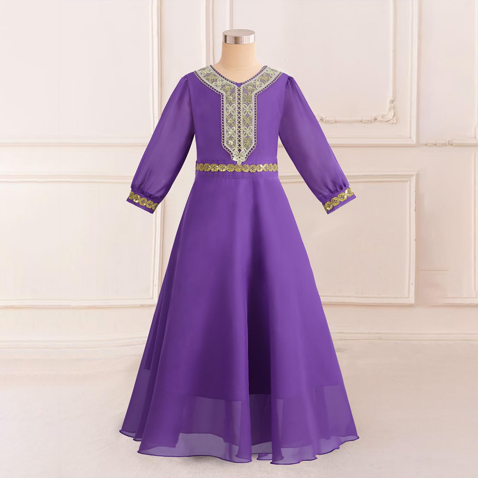 Elegante Abito da Festa a Maniche Lunghe per Ragazze, Abito sontuoso con Fascia per