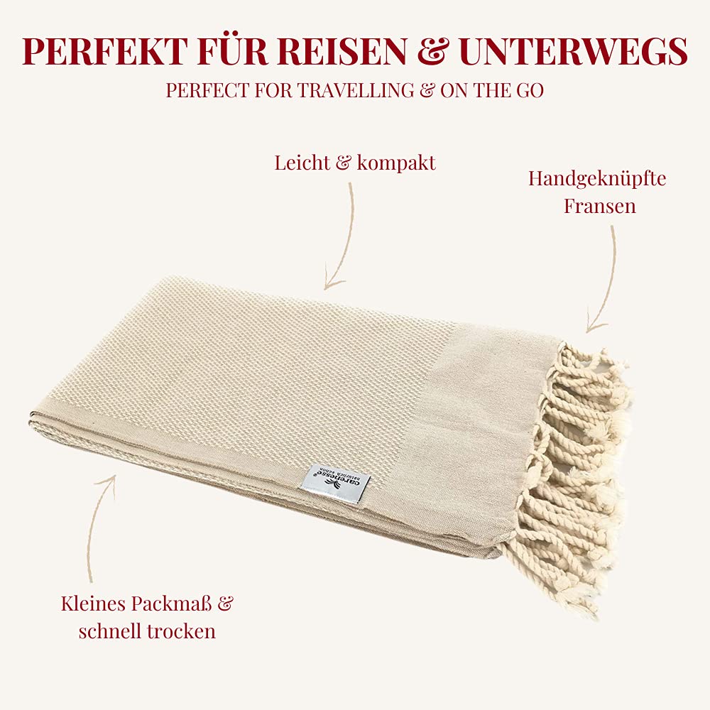 Carenesse Serviette de hammam FAVO Beige 90 x 170 cm 100% Coton Motif pépita des Deux côtés avec des Franges nouées, écharpe Tissu Plafond Serviette de Plage Couverture Tissue Bien-être