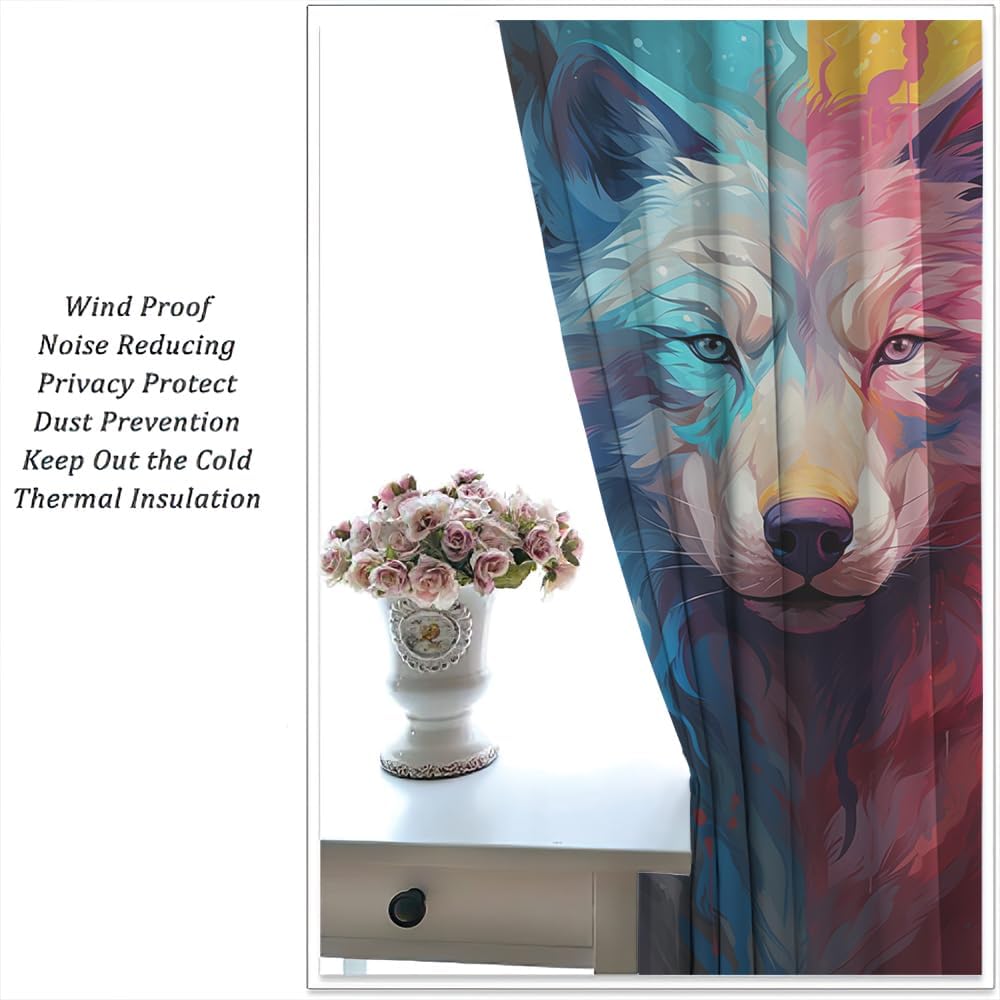 Glam Wolf Face Room Darkening Rod Pocket Curtain Retro Abstract Animal Fantasy Window Treatment Thermal Insulated Drapes for Bedroom 2 Panels, Each 21 W x 54 L inch