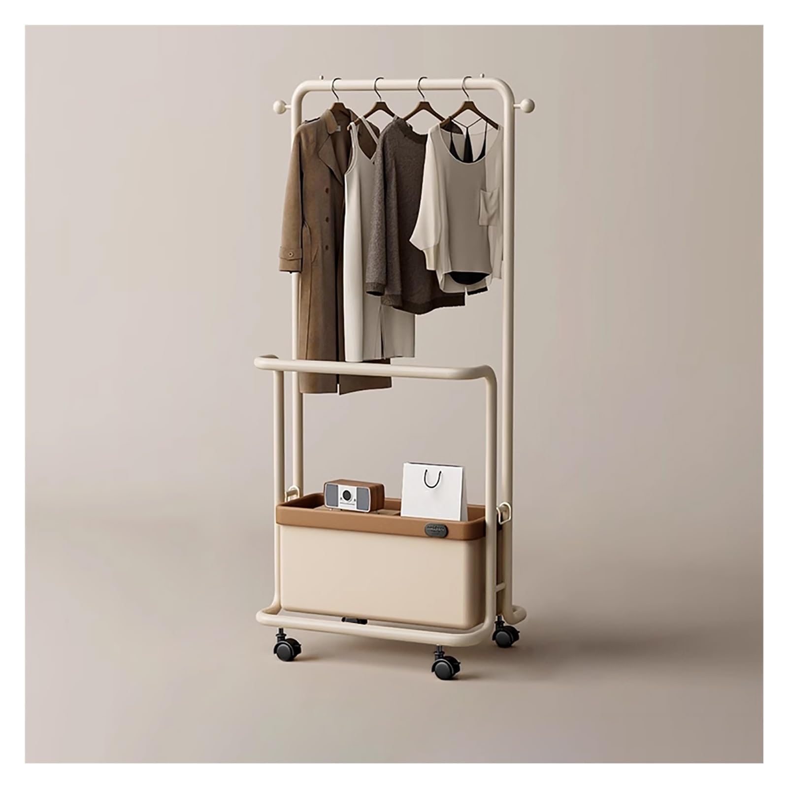 Portant à vêtements à double tringle en métal réglable avec roulettes et boîte 45 cm