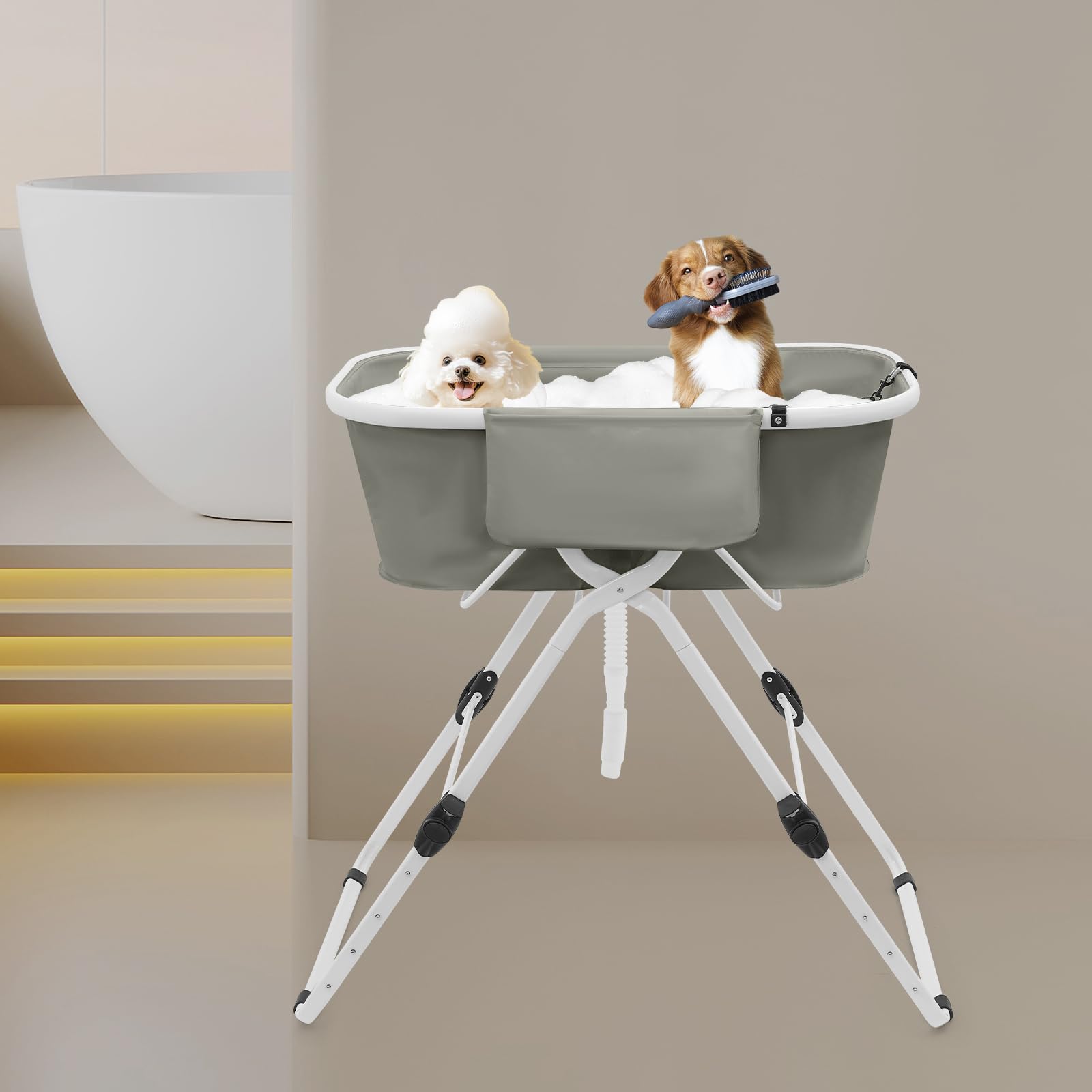 Baignoire portable et pliable pour chien surélevée - Hauteur réglable sur 5 niveaux - Charge maximale : 68 kg - Pour chiens et chats de petite à moyenne taille - Gris