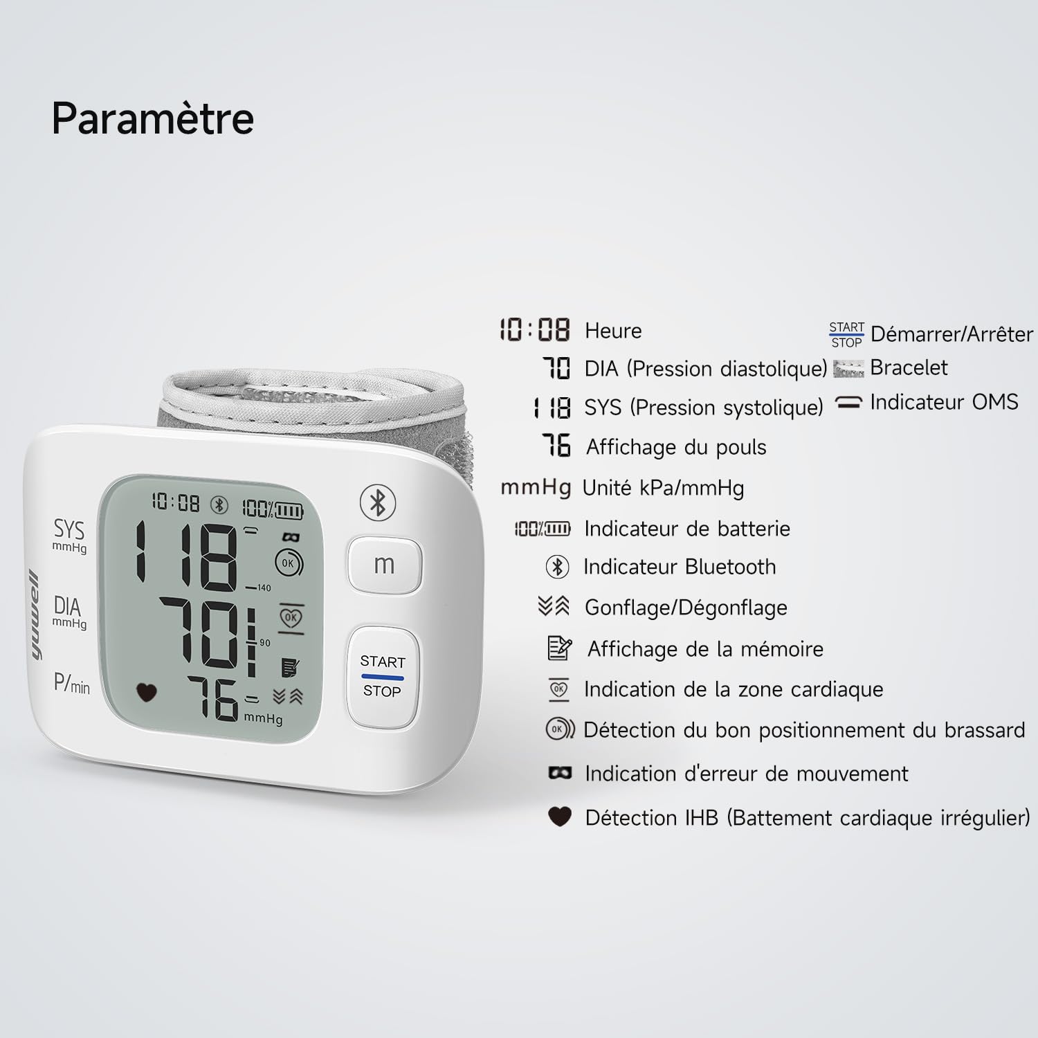 yuwell Tensiomètre au Poignet Intelligent pour un Usage Domestique ou en Déplacement, Tensiomètre avec Brassard Préformé 13,5 – 19,5 cm, avec Battement Cardiaque Irrégulier(YE8800AR)