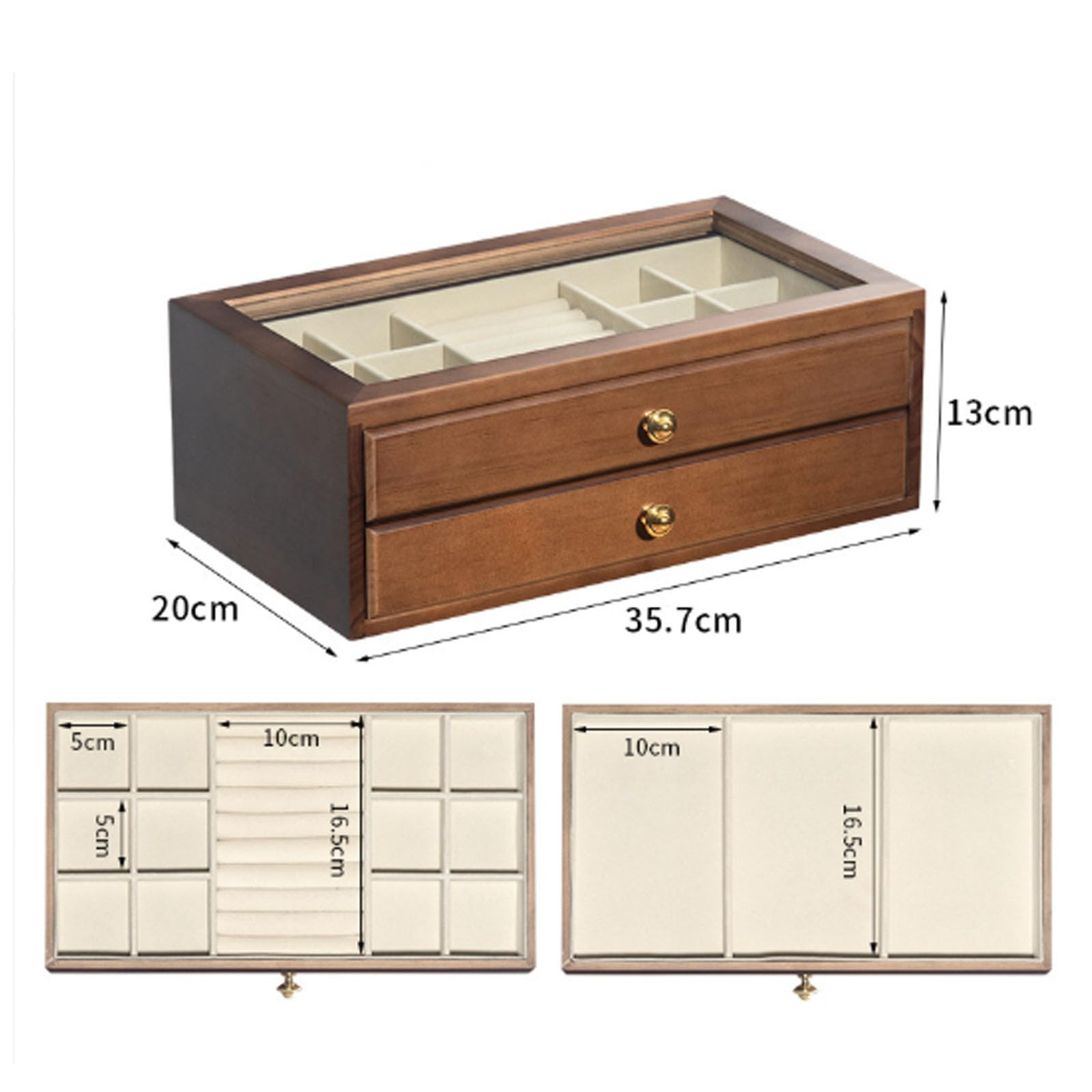 Dos cajones extraíbles con múltiples compartimentos divididos personalizados. Ranuras para anillos, rejillas cuadradas para pendientes colgantes, gran espacio abierto para pulseras, brown brown lining
