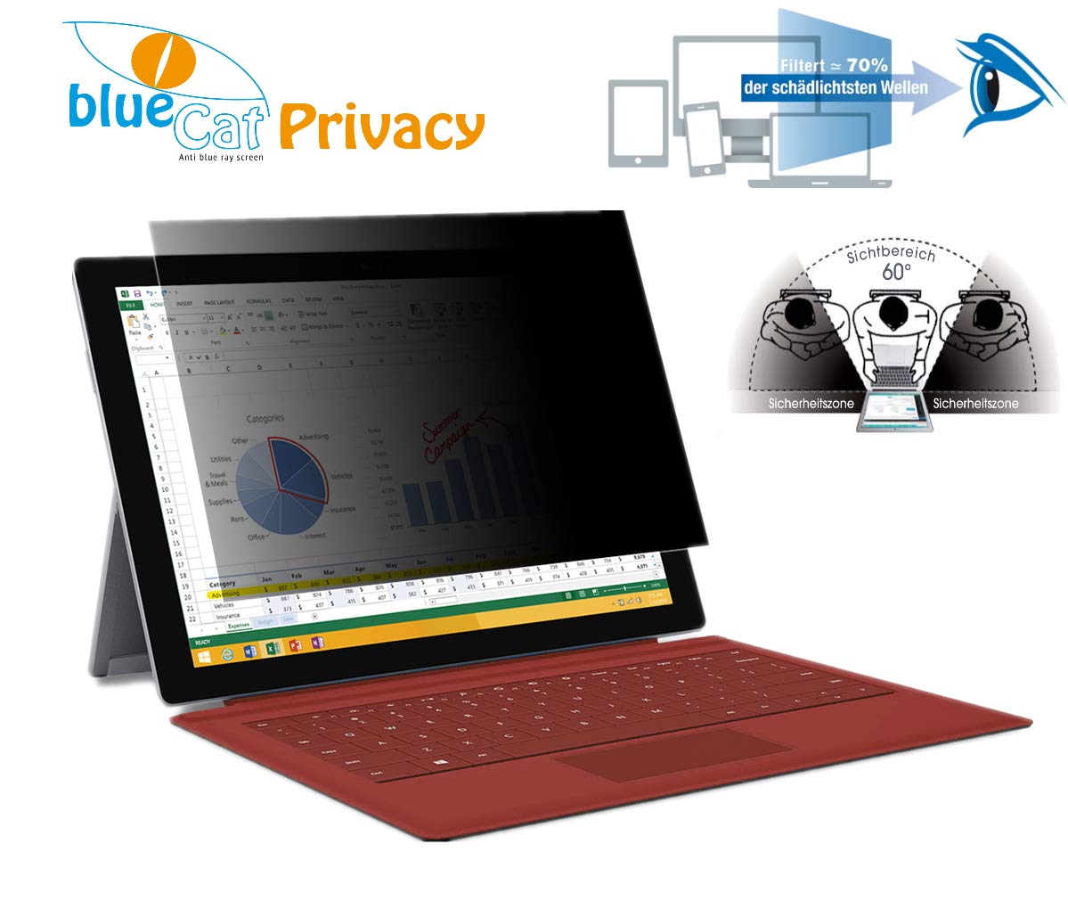 Lámina de privacidad con Filtro de luz Azul (70%) para portátil/portátil, protección de visión y de los Ojos