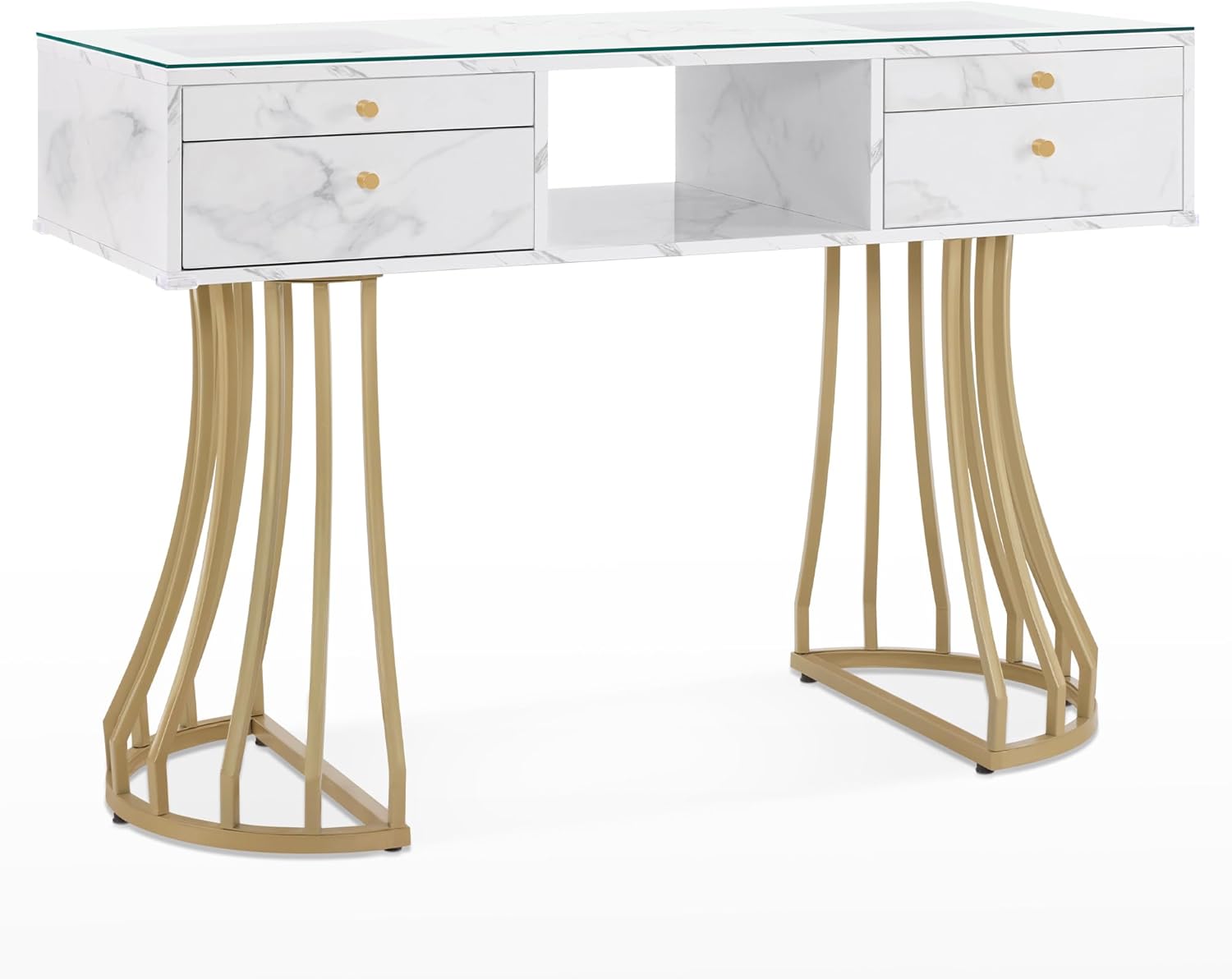 BarberPub Simple&Storage Manicure Table with Glass, Marbling Textured Salon Nail Tech Desk, Acetone Resistant Stylist Equipment, Makeup Station with Golden Metal Frame 2464 (White)