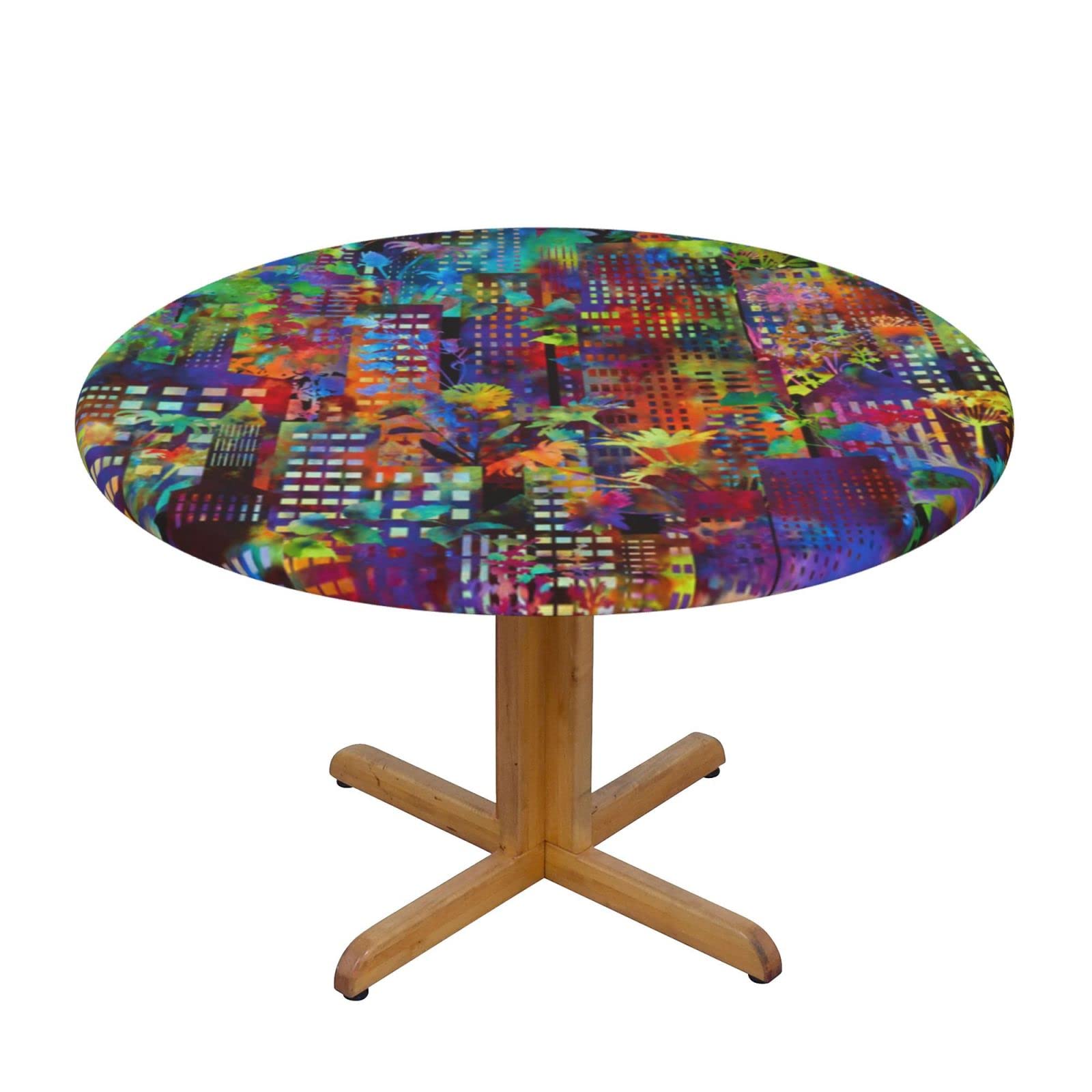 Lsjuee Round Fitted Tablecloth 45-50in Elastic Edged Table Cloth for Kitchen Dining Party Home Decor - Abstract Building Colorful Plant