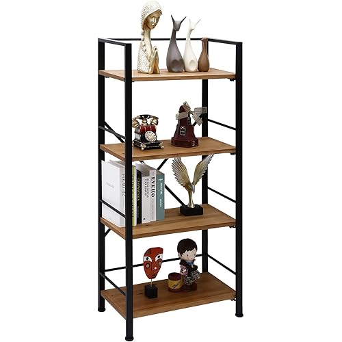 Rustic Bookshelf, 4 Tier Real Wood Bookshelf, Metal Book Shelf for Storage, Black Bookcase, 12.6" D x 23.62" W x 50.39" H