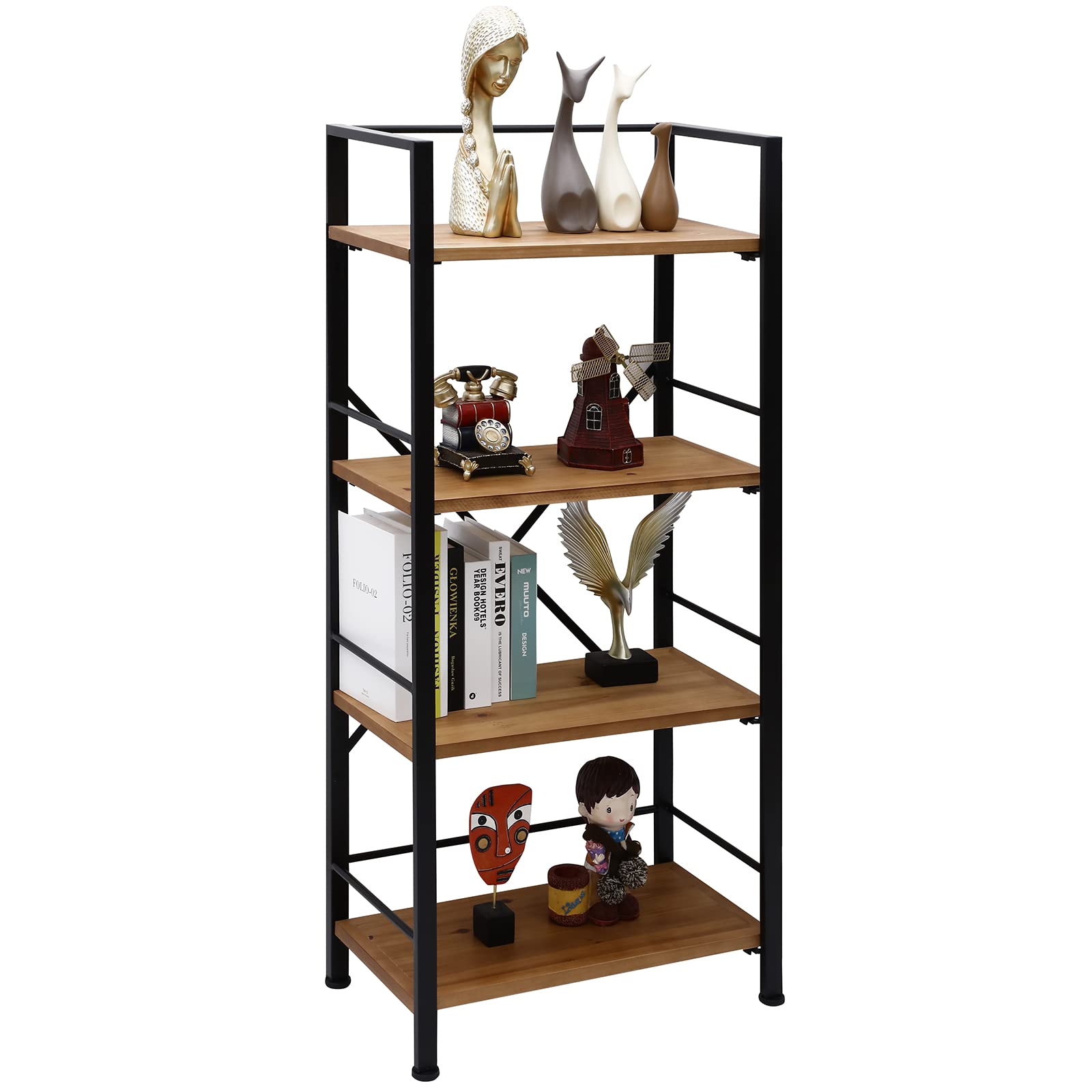Rustic Bookshelf, 4 Tier Real Wood Bookshelf, Metal Book Shelf for Storage, Black Bookcase, 12.6" D x 23.62" W x 50.39" H